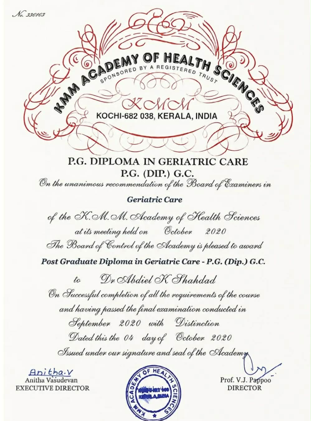 Post Graduate Diploma in Geriatric Care certificate